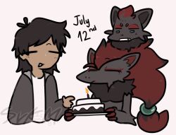  ambiguous_gender anthro biped birthday birthday_cake black_body black_fur black_hair cake closed_eyes clothed clothing cute_fangs dessert eyebrows eyelashes feral food fur generation_5_pokemon green_eyes grey_body grey_fur group hair hi_res human male mammal nintendo open_mouth pokemon pokemon_(species) quadruped red_body red_fur simple_background svkhaiminh trio white_background zoroark zorua 