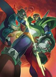  2boys android arm_cannon armor bald blue_helmet bodysuit bracelet cape clenched_teeth cloud cloudy_sky commentary_request energy_sword forehead_jewel gloves glowing glowing_eye gradient_background green_eyes helmet holding holding_weapon jewelry kin_niku male_focus mega_man_(series) mega_man_x1 mega_man_x_(series) multiple_boys official_style outdoors red_background red_cape red_sky robot_ears scar scar_across_eye scar_on_face serious shoulder_armor sigma_(mega_man) sky spiked_bracelet spikes sword teeth weapon white_gloves x_(mega_man) 