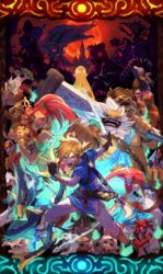  6+boys 6+girls absurdres bow_(weapon) champion&#039;s_tunic_(zelda) daruk everyone ganon gerudo goron guardian_(zelda) hestu highres impa kass link lynel master_sword mipha monster multiple_boys multiple_girls open_mouth paya_(zelda) polearm princess_zelda purah revali rhoam_bosphoramus_hyrule riju rito sheikah sheikah_slate shield sidon spear sword teba_(zelda) the_legend_of_zelda the_legend_of_zelda:_breath_of_the_wild trident uedrk_yamato urbosa weapon yunobo zora 