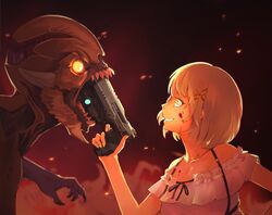  absurdres blonde_hair blood blue_eyes bob_cut crazy_eyes crazy_smile doom_(series) female from_side gun hair_ornament handgun highres hololive hololive_english imp_(doom) old-night smile virtual_youtuber watson_amelia watson_amelia_(street_casual) weapon 