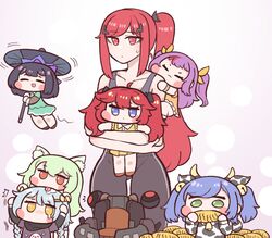  6+girls :3 :p =_= aged_down airplane_hair_ornament animal_costume animal_ear_fluff animal_ears banshee_(last_origin) bell blue_hair blush_stickers bow braid bulga cat_ears closed_eyes corn cow_costume cow_ears cowbell daika_(last_origin) djinnia_(last_origin) dress eating flying food green_eyes hair_ornament hairbow horns jingle_bell jitome korean_commentary last_origin licking light_blue_hair light_green_hair lolicon long_hair may_of_doom multiple_girls night_angel_(last_origin) official_alternate_costume open_mouth purple_hair red_eyes red_hair short_hair simple_background smile sweatdrop sylphid_(last_origin) tears tongue tongue_out twin_braids twintails two_side_up very_long_hair white_background wraith_(last_origin) yellow_eyes 