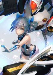  ass bare_shoulders blue_leotard bow bronya_zaychik bronya_zaychik_(yamabuki_armor) closed_mouth commentary_request drill_hair elbow_gloves female gloves grey_eyes grey_hair hair_between_eyes hair_ornament hairbow highres honkai_(series) honkai_impact_3rd leotard looking_at_viewer project_bunny solo twin_drills yumegiwa_(skgl_thx) 