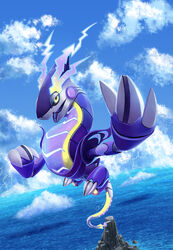  2022 3_fingers cloud digital_eyes electricity fingers future_pokemon generation_9_pokemon hi_res legendary_pokemon male metallic_body miraidon nintendo open_mouth paradox_pokemon pokemon pokemon_(species) sea sky solo tsitra360 ultimate_mode_miraidon water 