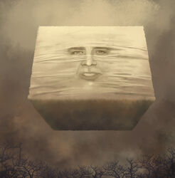  bare_tree brown_theme cloud cloudy_sky commentary cube floating floating_object forest monochrome nature nekonekosan_(kemushima3) nicolas_cage no_humans original real_life sepia sky surreal tree 