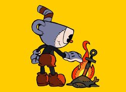  1boy :t bonfire_(dark_souls) closed_mouth commentary crossover cup cuphead cuphead_(game) dark_souls_(series) dark_souls_i drinking_straw english_commentary fire gloves male_focus niking planted planted_sword red_footwear red_shorts shorts simple_background smile solo sword weapon white_gloves yellow_background 