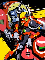  1boy android armor black_bodysuit bodysuit boomer_kuwanger_(mega_man) commentary_request glint gloves green_eyes grey_gloves horns looking_to_the_side male_focus mega_man_(series) mega_man_x1 mega_man_x_(series) motor_vehicle motorcycle napo on_motorcycle robot robot_ears shadow shoulder_armor solo 