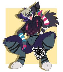  4_fingers anthro armwear black_body bottomwear clothing female fingers generation_9_pokemon grafaiai green_eyes hair jacket legwear nintendo pokemon pokemon_(species) shorts simple_background solo tail tattoorexy tongue tongue_out topwear 