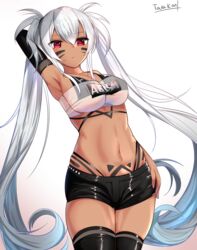  alabama_(azur_lane) arm_up armpits azur_lane bandeau bikini bikini_under_clothes black_shorts black_thighhighs breasts cleavage clothes_writing collarbone commentary cowboy_shot dark-skinned_female dark_skin facial_mark female gradient_background hair_between_eyes highres large_breasts long_hair looking_at_viewer midriff navel red_eyes short_shorts shorts solo standing stomach strapless swimsuit tarakon thighhighs thighs tube_top twintails very_long_hair whisker_markings white_background white_hair 