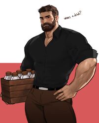  1male bara beard beefy biceps blush body_hair bottle brown_eyes brown_hair clothed_male dopq facial_hair highres human jang_ju_hyeon large_pectorals male male_focus male_only manly masculine mature_male milk_bottle muscular_male original pectorals thighs 