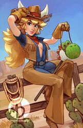  bandana bandana_around_neck belt belt_buckle blonde_hair breasts brown_vest buckle chaps character_doll cleavage cowboy_hat cowgirl_(western) cowgirl_peach earrings fake_horns female fence hat hobby_horse hoop_earrings horned_headwear horns jewelry lasso looking_at_viewer mario_(series) momo-deary no_bra official_alternate_costume open_clothes open_shirt princess_peach princess_peach:_showtime! sitting smile solo unbuttoned vest wooden_fence yoshi 