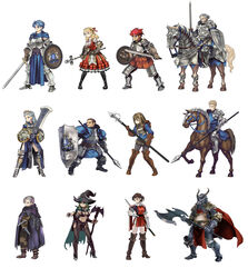  5girls 6+boys alain_(unicorn_overlord) armor blonde_hair blue_eyes blue_hair breasts chloe_(unicorn_overlord) clive_(unicorn_overlord) cloak dress drill_hair fake_horns fighting_stance galerius_(unicorn_overlord) green_cloak green_eyes green_hair hat highres hodrick_(unicorn_overlord) holding holding_staff horned_headwear horns ilenia_(unicorn_overlord) josef_(unicorn_overlord) large_breasts lex_(unicorn_overlord) long_hair melisandre_(unicorn_overlord) multiple_boys multiple_girls navel noma_takafumi official_art pixel_art red_dress scale_armor scarlett_(unicorn_overlord) short_hair skirt sprite sprite_art sprite_sheet staff thighhighs travis_(unicorn_overlord) unicorn_overlord weapon white_background witch_hat yahna_(unicorn_overlord) 