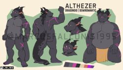  5_fingers 5_toes 7_eyes absurd_res anthro belly black_horn distracting_watermark dragon feet fingers hi_res horn leleo male model_sheet multi_eye muscular muscular_anthro muscular_male mythological_creature mythological_scalie mythology navel plantigrade purple_eyes scalie scar sitting slightly_chubby tail toes watermark 