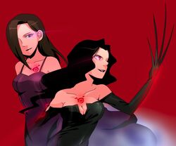  2girls bad_id bad_pixiv_id bare_shoulders black_hair breasts chest_tattoo claws cleavage elbow_gloves fullmetal_alchemist gloves glowing glowing_eyes juliet_douglas long_hair lust_(fma) medium_breasts multiple_girls ouroboros rocd sloth_(fma) tattoo 