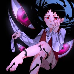  1boy barefoot black_hair commentary_request eye_focus feet fullmetal_alchemist hand_on_own_face male_focus pride_(fma) red_eyes rocd selim_bradley shadow single_sock smile sock_pull socks solo spoilers toenails toes 