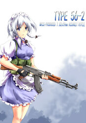  ammunition_pouch apron assault_rifle bad_id bad_pixiv_id bayonet belt black_gloves blue_background blue_dress blue_eyes braid breasts chest_rig cleaning_rod closed_mouth collared_shirt dress english_commentary expressionless fangdan_runiu feet_out_of_frame female fingerless_gloves frilled_apron frilled_dress frills gloves grey_hair gun hair_ribbon holding holding_gun holding_weapon izayoi_sakuya kalashnikov_rifle looking_ahead maid maid_apron maid_headdress medium_breasts multicolored_background open_collar pinafore_dress pouch puffy_short_sleeves puffy_sleeves ribbon rifle shirt short_hair short_sleeves sleeveless sleeveless_dress solo touhou trigger_discipline twin_braids type_56_assault_rifle utility_belt weapon weapon_name white_apron white_background white_shirt 