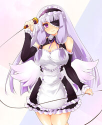  akikaze_tsumuji bare_shoulders breasts cleavage_cutout clothing_cutout commentary_request detached_sleeves dream_c_club dream_c_club_(series) eyepatch female headdress large_breasts maid mari_(dream_c_club) microphone miniskirt purple_eyes purple_hair ribbon skirt solo wings 