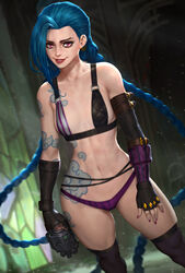  1girls absurd_res arcane arcane_jinx blue_hair bra flat_chest hi_res jinx_(league_of_legends) league_of_legends lingerie neoartcore paid_reward pale-skinned_female panties patreon_reward picot_trim picot_trim_panties purple_panties realistic riot_games small_breasts solo_female solo_focus 