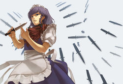  blue_eyes braid commentary_request female grey_hair izayoi_sakuya knife maid photoshop_(medium) sakamoto_kengo short_hair solo touhou twin_braids 