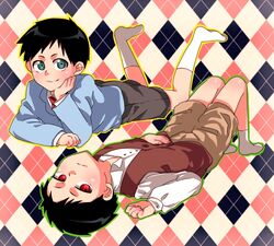  2boys argyle_background black_hair blue_eyes commentary_request dual_persona fullmetal_alchemist lolicon male_focus multiple_boys necktie red_eyes rocd selim_bradley shorts sweater 