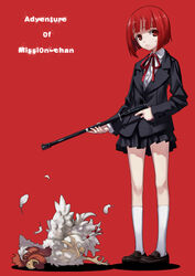  bird blazer chicken copyright_name feathers female gun jacket legs matsuryuu mission-chan mission-chan_no_dai-bouken photoshop_(medium) pleated_skirt red_background red_eyes red_hair school_uniform short_hair skirt socks sweatdrop weapon 