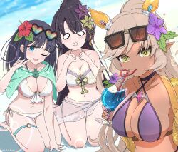  3girls :3 aqua_capelet beach bikini black-framed_eyewear black_hair blue-tinted_eyewear blue_eyes blunt_bangs blush breasts brooch brown_flower cleavage collarbone commentary_request crazy_straw criss-cross_halter cup dark-skinned_female dark_skin dated drinking_glass drinking_straw dripping_eye dutch_angle eyewear_on_head flower flower_knot food foolforpriconne grey_hair hair_flower hair_ornament halterneck heart heart-shaped_eyewear hibiscus highres holding holding_cup ice_cream ice_cream_float jewelry large_breasts lily_(princess_connect!) lily_(summer)_(princess_connect!) long_hair looking_at_viewer misora_(princess_connect!) misora_(summer)_(princess_connect!) multicolor-tinted_eyewear multiple_girls navel nea_(princess_connect!) nea_(summer)_(princess_connect!) o-ring o-ring_thigh_strap official_alternate_costume open_mouth pointy_ears ponytail princess_connect! purple_bikini purple_flower red-tinted_eyewear red_flower sarong see-through see-through_sarong seiza sidelocks sitting stomach sunglasses swept_bangs swimsuit thigh_strap tinted_eyewear white_bikini wide_oval_eyes yellow-tinted_eyewear yellow_eyes 