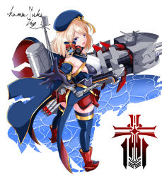  azur_lane black_gloves blonde_hair blue_beret blue_eyes blue_thighhighs boots bow breasts from_behind gloves hairbow iron_blood_(emblem) kamitsuki_shion large_breasts looking_at_viewer looking_back medium_hair miniskirt outstretched_arm red_footwear red_skirt rigging signature simple_background skirt thighhighs torpedo water white_background z23_(azur_lane) zettai_ryouiki 