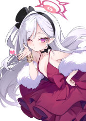  black_choker black_hairband blue_archive blush bracelet breasts choker cleavage collarbone commentary_request dress female hairband halo jewelry long_hair looking_at_viewer mutsuki_(blue_archive) mutsuki_(dress)_(blue_archive) official_alternate_costume one_eye_closed pointy_ears purple_eyes red_dress red_halo shirokitsune sleeveless sleeveless_dress slit_pupils small_breasts solo white_hair yellow_bracelet 