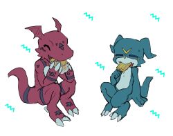  anthro bandai_namco blue_body bread claws closed_eyes dessert digimon digimon_(species) duo eating food guilmon hi_res ice_cream male randomlyrab red_body scalie smile veemon 