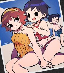  1boy 2girls black_eyes black_hair breasts choker genderswap_(mtf) highres holding_hands kim_pine knives_chau mole multiple_girls nail_polish red_nails rule_63 scott_pilgrim_(series) short_hair smile strapless tetsu_(teppei) wallace_wells 