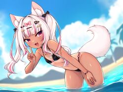  animal_ear_fluff animal_ears beach bikini black_bikini black_bow bow bow_bikini dark-skinned_female dark_skin dog_ears dog_girl female flat_chest hair_ornament hairbow hairclip heart_bracelet highres indie_virtual_youtuber kotoku_koinuko melon-fox multicolored_hair navel ocean oerba_yun_fang open_mouth partially_submerged piercing pink_bow pink_eyes pink_hair pink_nails polka_dot polka_dot_bow solo streaked_hair swimsuit tongue_piercing v virtual_youtuber white_hair 