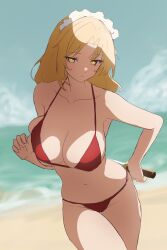  absurdres bikini blonde_hair blurry blurry_background breasts cleavage commentary female highres horizon large_breasts looking_at_viewer maid_headdress moriforest1040 navel ocean outdoors red_bikini solo swimsuit touhou touhou_(pc-98) unfinished yellow_eyes yumeko_(touhou) 