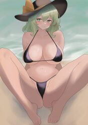  absurdres barefoot bikini black_bikini black_hat blush breasts closed_mouth commentary female green_eyes green_hair groin hat hat_ribbon highres indian_style komeiji_koishi large_breasts looking_at_viewer medium_hair moriforest1040 ribbon short_hair sitting smile solo swimsuit symbol-only_commentary touhou unfinished yellow_ribbon 