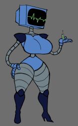  2024 4_fingers anthro ass big_breasts big_butt big_eyes biped black_eyebrows blue_boots blue_clothing blue_footwear blue_high_heels boots bottom_heavy breasts canon_couple clothed clothed_female clothed_humanoid clothing digital_drawing_(artwork) digital_media_(artwork) duo extreme_size_difference eyebrows female fingers footwear for_a_head glewd green_body grey_background hand_on_leg hand_on_own_leg hand_on_own_thigh hand_on_thigh hi_res high_heeled_boots high_heels holding_partner humanoid humanoid_hands husband husband_and_wife karen_plankton larger_female larger_humanoid looking_at_another looking_at_another&#039;s_breasts looking_at_breasts machine male male/female marine married_couple monotone_background mouth_closed multicolored_body nickelodeon nude nude_anthro nude_male object_head plankton_(species) red_eyes robot robot_humanoid screen screen_face screen_head sheldon_j._plankton shoes simple_background size_difference small_waist smaller_anthro smaller_male spongebob_squarepants standing straight_legs thick_eyebrows thick_thighs three-quarter_view wide_hips wife yellow_sclera 