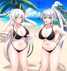  2girls absurdres beach breasts d.d.g_(ddg3420) highres honkai_(series) honkai_impact_3rd kiana_kaslana kiana_kaslana_(herrscher_of_the_void) large_breasts long_hair multiple_girls naughty_face original smile swimsuit white_hair 