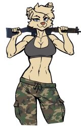  2024 anthro billie_jo_(satanicwolfluna) black_nail_polish bottomwear bra breasts camo camo_bottomwear camo_clothing camo_pants camo_print canid canine canis clothing domestic_dog ear_piercing eye_scar eyebrow_piercing f4ephantomii facial_piercing facial_scar female floppy_ears fur grey_eyes gun hair holding_gun holding_object holding_ranged_weapon holding_weapon industrial_piercing looking_at_viewer makeup mammal mascara mixed_breed navel navel_piercing pants pattern_bottomwear pattern_clothing pattern_pants piercing pomsky ranged_weapon scar short_hair smile smiling_at_viewer solo sports_bra tan_body tan_fur tan_hair trans_(lore) trans_woman_(lore) underwear weapon wide_hips 