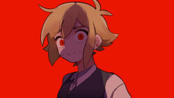  1boy antenna_hair basil_(faraway)_(omori) basil_(omori) black_sweater_vest blonde_hair clenched_teeth collared_shirt commentary_request flipped_hair hair_between_eyes highres male_focus omori portrait red_background red_eyes scared shadow shirt simple_background solo spoilers sweat sweater_vest teeth totemo_sindo white_shirt wide-eyed 