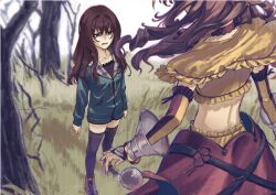  2girls back black_thighhighs brown_eyes brown_hair capelet character_request copyright_request cropped_shirt cross-laced_footwear detached_sleeves forest frilled_capelet frilled_shirt frilled_sleeves frills gauntlets highres koimizu long_hair multiple_girls nature on_grass open_mouth shirt shoes standing teeth thighhighs yellow_capelet yellow_shirt 