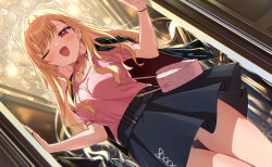  ;d ahoge ass_visible_through_thighs bag between_breasts black_skirt blonde_hair breasts chandelier dutch_angle ear_piercing earrings equal_(heartstrings) female from_below hair_ornament hairclip handbag hands_up heart-shaped_bag highres hoshikawa_sara hoshikawa_sara_(8th_costume) indoors jewelry long_hair looking_at_viewer necklace nijisanji oerba_yun_fang one_eye_closed open_mouth opening_door piercing pink_bag pink_shirt red_eyes shirt skin_fang skirt smile solo strap_between_breasts virtual_youtuber 