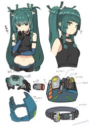  ? ?? android arrow_(symbol) bare_shoulders belt black_choker black_gloves black_shirt blunt_bangs braid breasts choker closed_eyes commentary_request crop_top dated detached_sleeves female fingerless_gloves furrowed_brow gloves green_eyes green_hair green_ribbons hair_ribbon hand_on_own_chin highres long_bangs long_hair looking_at_viewer looking_down midriff multiple_views navel nosuku notice_lines police_badge qingyi_(zenless_zone_zero) ribbon shirt short_sleeves side_braids simple_background sleeveless sleeveless_shirt small_breasts stomach thinking translation_request twintails twitter_username very_long_hair white_background zenless_zone_zero 