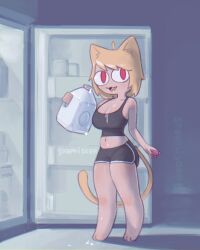  appliance athletic_wear belly big_breasts breasts domestic_cat drinking_milk felid feline felis female fridge hi_res kitchen_appliance mammal milk milk_container milk_on_ground neco-arc soaphisoap solo thick_thighs tsukihime type-moon 