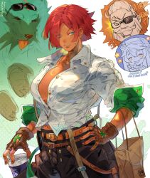  2boys absurdres bag beard belt blue_eyes breasts bridget brown_gloves cleavage collared_shirt cup dark-skinned_female dark_skin dress_shirt english_commentary eyewear_on_head facial_hair fat fat_man female fingerless_gloves giovanna_(guilty_gear) gloves gold_belt goldlewis_dickinson green_fur guilty_gear guilty_gear_strive high-waist_pants highres holding holding_bag holding_cup hood hood_up hooded_jacket jacket large_breasts midriff moustache multiple_belts multiple_boys orange_hair otoko_no_ko pants partially_unbuttoned red_nails shirt shopping_bag shpr0ta sleeves_pushed_up sunglasses suspenders suspenders_hanging sweat tongue tongue_out white_background white_shirt wolf yo-yo 