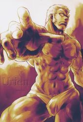  1boy abs angie_(kani-ga-tobuna) bara brown_theme cleft_chin cowboy_shot foreshortening frown loincloth long_sideburns looking_at_viewer male_focus monochrome muscular muscular_male navel nipples reaching reaching_towards_viewer short_hair sideburns solo standing street_fighter thighs topless_male urien 