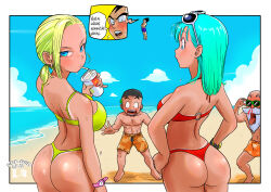  2girls 3boys abs alternate_hairstyle android_18 aqua_hair arm_at_side aroused_nosebleed ass ass_focus backwards_hat barefoot baseball_cap beach beard bikini bikini_tan black_hair blonde_hair blue_eyes blue_sky blush border breasts bulma_briefs cloud constricted_pupils cup day disposable_cup dragon_ball dragon_ball_super english_text eyewear_on_head facial_hair floating forehead green-framed_eyewear grey-framed_eyewear hands_on_own_hips hat highres horizon hot husband_and_wife inset kuririn large_breasts looking_at_another looking_at_breasts looking_at_viewer looking_back mcdonald&#039;s medium_breasts medium_hair moustache multiple_boys multiple_girls muscular muscular_male muten_roushi o-ring o-ring_top ocean old old_man outside_border pink_mousse product_placement red_bikini short_ponytail sky speech_bubble standing summer sunglasses sweat swimsuit tan tanlines thick_eyebrows thong_bikini vegeta watch white_border wristwatch yellow_bikini 