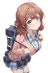  absurdres ahoge bag black_overskirt blue_ribbon blue_skirt breasts brown_eyes brown_hair cardigan closed_mouth commentary_request female gakuen_idolmaster hair_bun hanami_ume hatsuboshi_gakuen_school_uniform highres idolmaster large_breasts long_sleeves looking_at_viewer neck_ribbon perilpoint pink_cardigan plaid_clothes plaid_skirt ribbon school_bag school_uniform shirt single_side_bun skirt smile solo standing thighhighs white_background white_shirt 