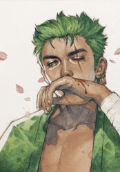  1boy bandaged_wrist bandages blood blood_on_hands collarbone covering_own_mouth earrings green_eyes green_hair green_kimono hand_over_own_mouth highres japanese_clothes jewelry kelogsloops kimono looking_at_viewer male_focus one_eye_closed one_piece open_clothes open_shirt outline pectoral_cleavage pectorals petals portrait roronoa_zoro scar scar_across_eye short_hair sideburns simple_background solo toned toned_male traditional_media 