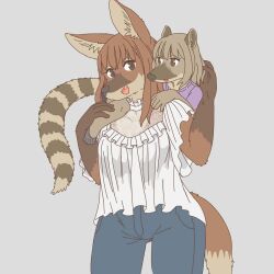  anthro canid canine clothed clothing coati duo ekaki510 female grey_background kemono mammal maned_wolf open_mouth procyonid simple_background snout 