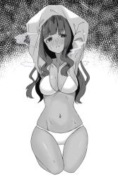  arms_up assault_lily bare_legs bikini black_background blunt_bangs blush breasts cleavage clothes_lift collarbone commentary_request female full_body greyscale gumoyu kaede_johan_nouvel lifting_own_clothes long_hair looking_at_viewer medium_breasts monochrome navel nose_blush parted_lips raised_eyebrows seiza shirt_lift sidelocks sitting solo steaming_body stomach sweat swimsuit thigh_gap two-tone_background undressing wavy_hair white_background 