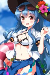  :d bikini black_hat blue_hair blue_sarong blurry blurry_background blush breasts cleavage collared_shirt commentary cowboy_shot eyes_visible_through_hair eyewear_on_head female flower hair_between_eyes hand_up hat hat_flower highres hinanawi_tenshi holding holding_swim_ring innertube long_hair looking_at_viewer medium_breasts navel open_clothes open_mouth open_shirt pink_flower puffy_short_sleeves puffy_sleeves red_eyes red_flower ruu_(tksymkw) sarong shirt short_sleeves smile solo standing sunglasses swim_ring swimsuit touhou white_bikini white_shirt 