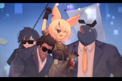  2024_attempted_assassination_of_donald_trump 2boys 2girls animal_ears arm_up ayase_yuu black_gloves black_hair black_jacket blood blood_on_face blue_sky brown_gloves character_request clenched_hand cosplay dark-skinned_male dark_skin dress_shirt eyepatch fingerless_gloves fish_boy flag fox_ears fox_girl gloves gun h2osakana highres holding holding_gun holding_weapon jacket miltaire94 multiple_boys multiple_girls necktie open_mouth phase_connect purple_eyes shirt short_hair sky solid_snake solid_snake_(cosplay) sunglasses tenma_maemi virtual_youtuber weapon white_hair white_shirt yellow_necktie 