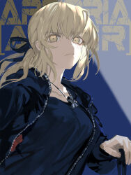  artoria_pendragon_(fate) black_camisole black_jacket black_ribbon blonde_hair breasts camisole character_name fate/grand_order fate_(series) female flprayer hair_ribbon highres jacket jewelry long_hair long_sleeves looking_at_viewer low_ponytail medium_breasts necklace open_clothes open_jacket ribbon saber_alter saber_alter_(ver._shinjuku_1999)_(fate) sidelocks solo yellow_eyes 